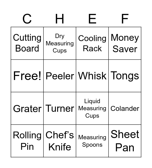 Kitchen Equipment Bingo Card