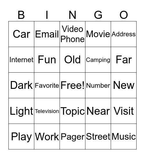 Personal Interests, Information, Favorites Bingo Card