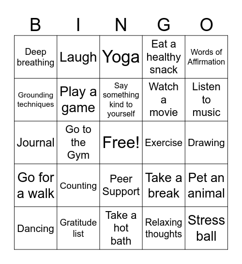 Coping Skills Bingo Card