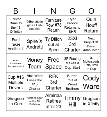 Nascar 2024 Silly Season Bingo Card