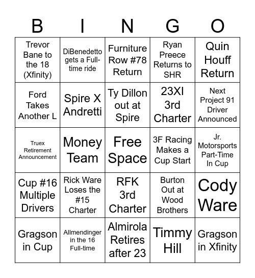 Nascar 2024 Silly Season Bingo Card