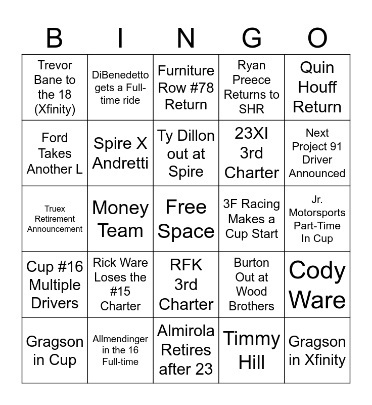 Nascar 2024 Silly Season Bingo Card