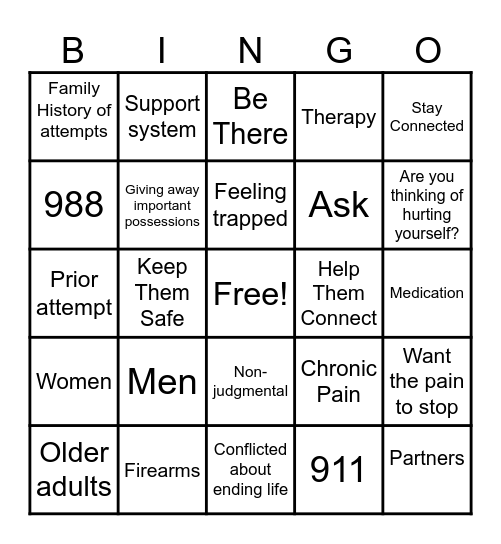 Suicide Prevention and Intervention Bingo Card