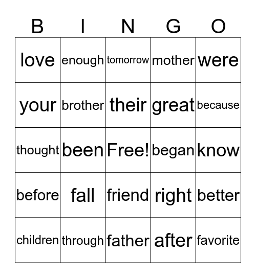 High Frequency Words Bingo Card