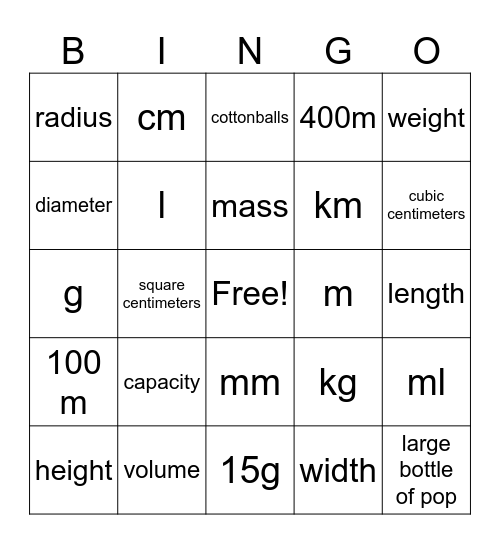 Measurement bingo Card