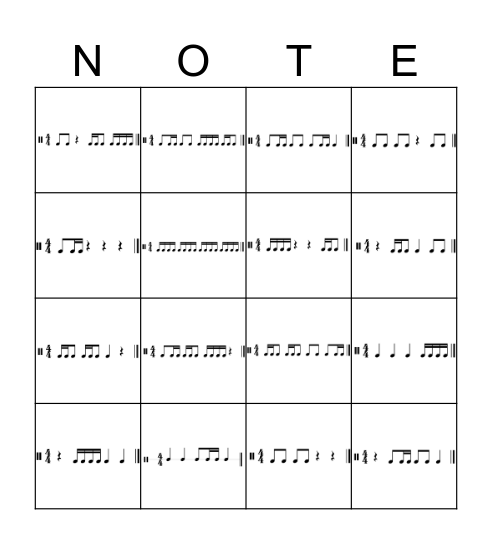 16th Notes Challenge Bingo Card