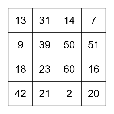 Les nombres de 1 à 69 Bingo Card