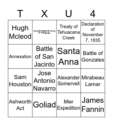 Unit 4 Review TX History Bingo Card