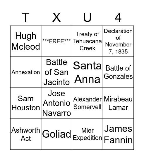 Unit 4 Review TX History Bingo Card