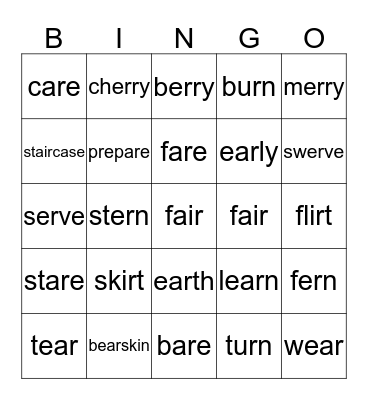R-Controlled Vowel Bingo "er" and "air" Bingo Card