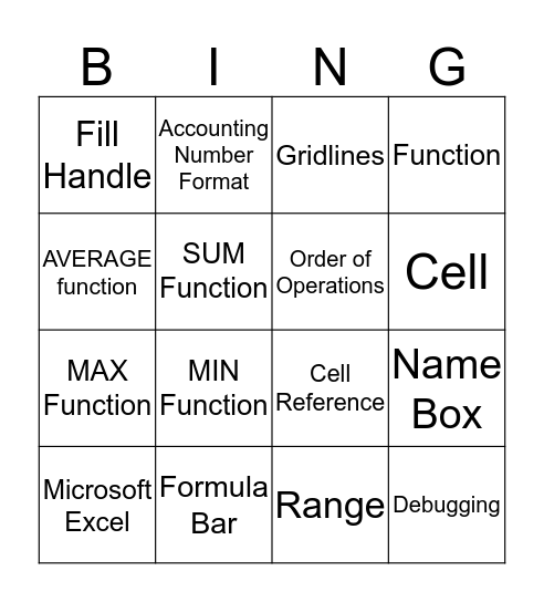 Excel Chapter 1 & 2 Bingo Card