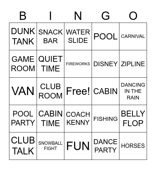 summer camp bingo! Bingo Card