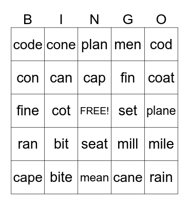 Long and Short Vowels Bingo Card