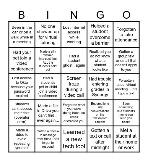 Online Team Building Bingo Card