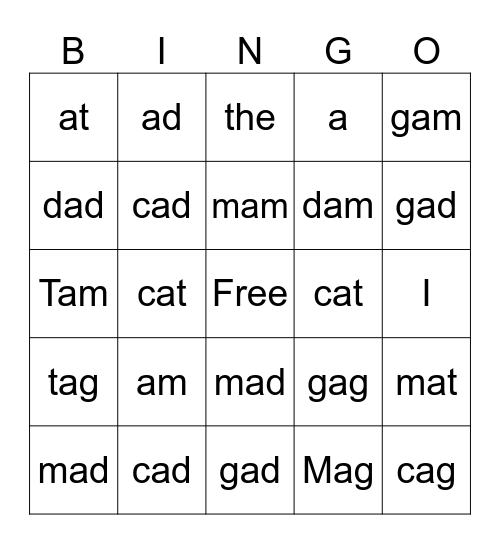 Short a words Bingo Card