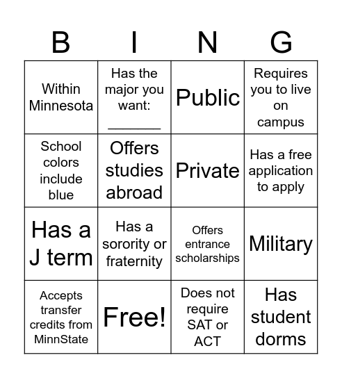 College Fair Bingo Card
