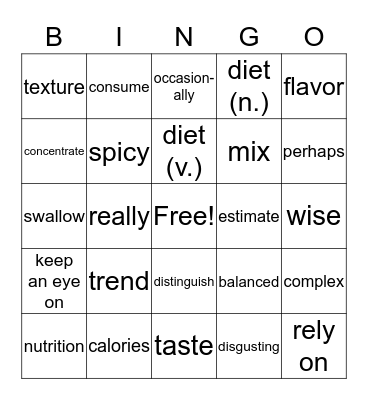 Nutrition Bingo Card