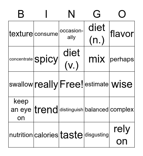 Nutrition Bingo Card