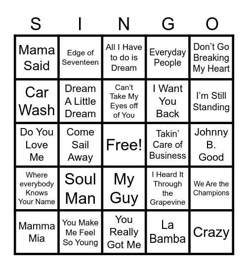 SINGO Bingo Card