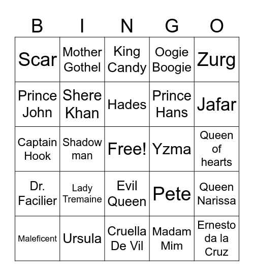 Disney Villains Bingo Card