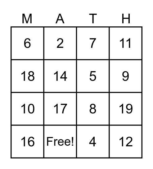 Counting 1-20 Bingo Card