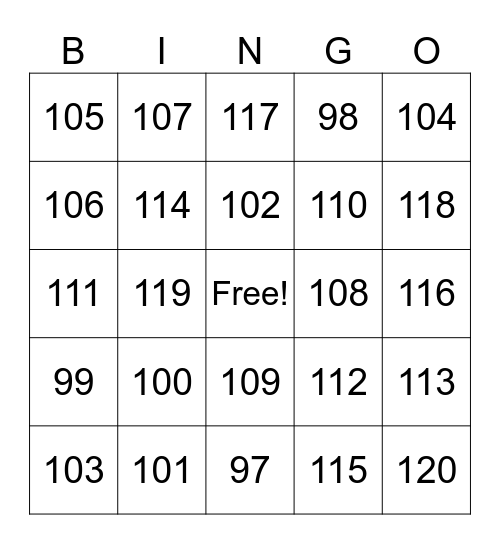 Numbers 100-120 Bingo Card