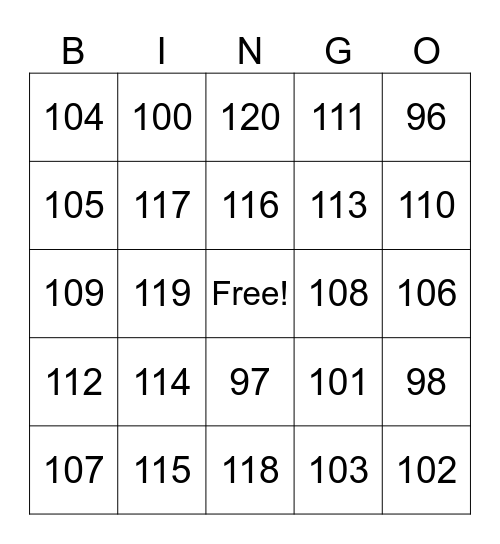 Numbers 100-120 Bingo Card