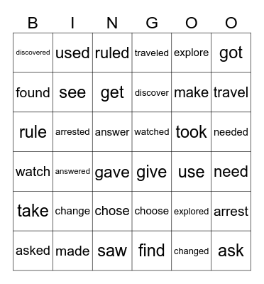 Verbs + words Bingo Card