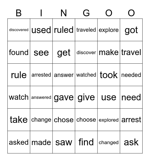 Verbs + words Bingo Card