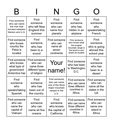 Get to know YOU Geography Bingo Card