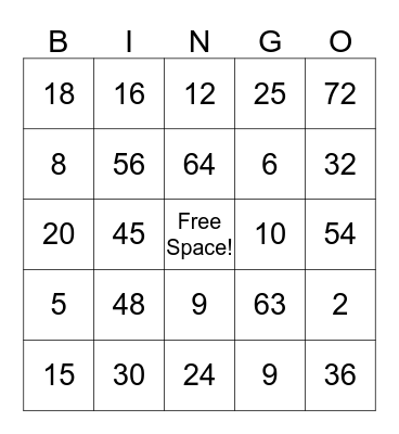 Multiplication Bingo Card