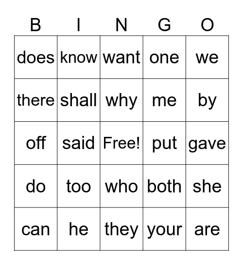 Sight Word Bingo 1.4-1.6 Bingo Card