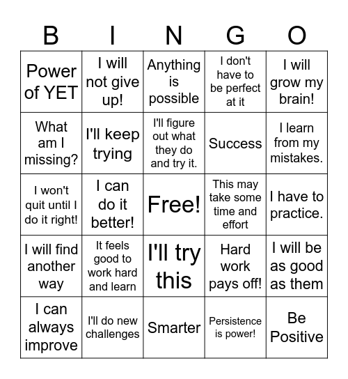 Growth Mindset Bingo Card