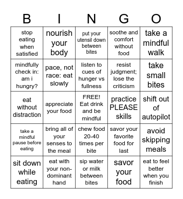 Mindful Eating Bingo Card