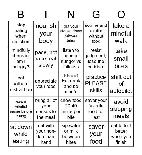 Mindful Eating Bingo Card