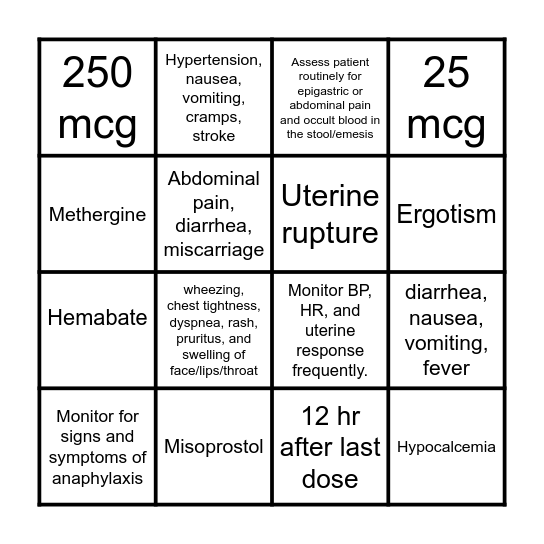 OB DRUG BINGO Card