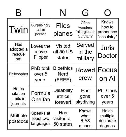 Bioethics Bingo Card
