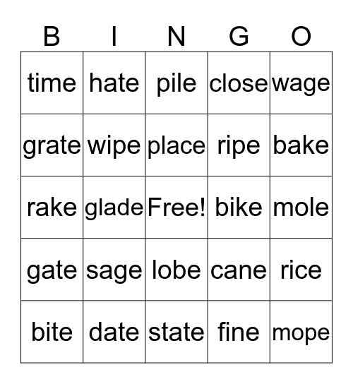 Vowel/Consonant/Vowel Bingo Card