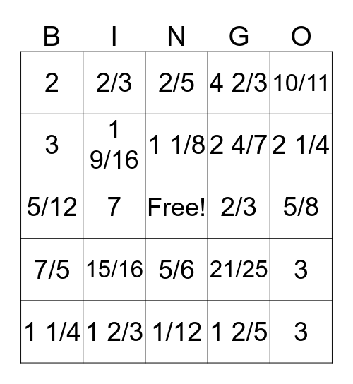 Dividing Fraction Bingo Card