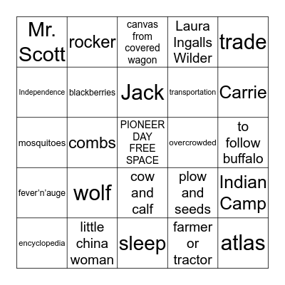 Little House on the Prairie BINGO Card