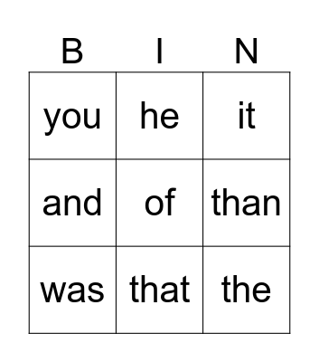 Sight Words Bingo Card