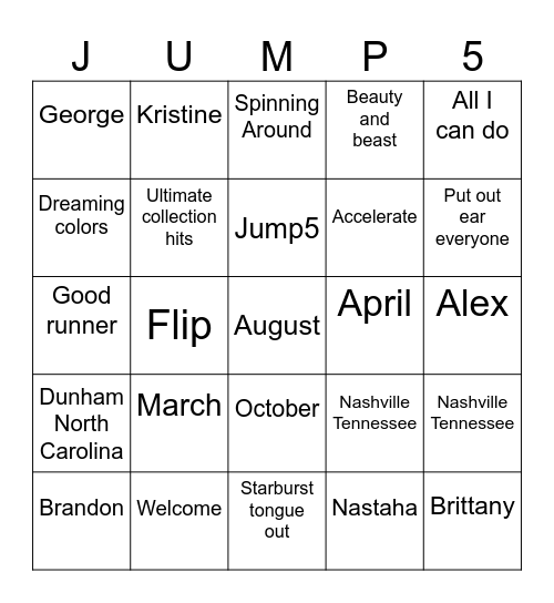 Jump5 Bingo Card