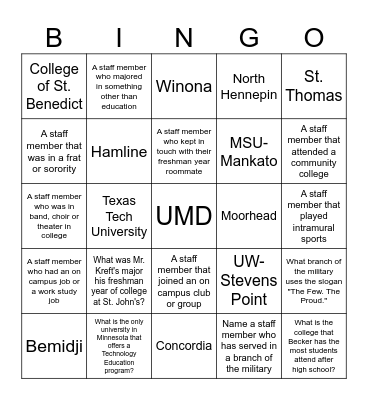 College Knowledge Month Bingo Card