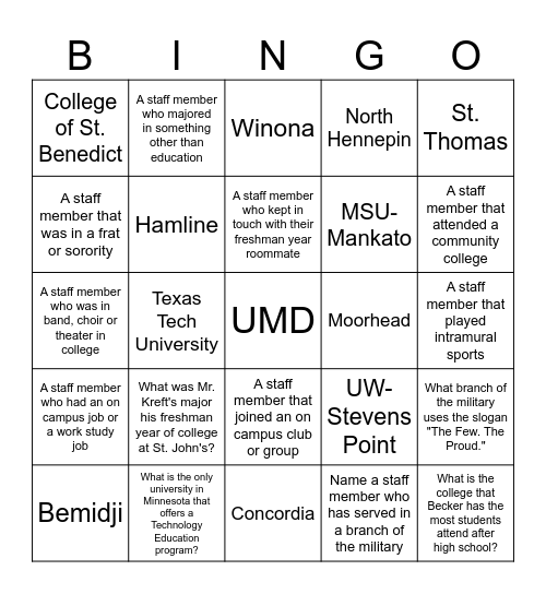 College Knowledge Month Bingo Card