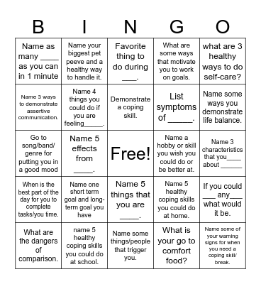 Mental Health Bingo Card