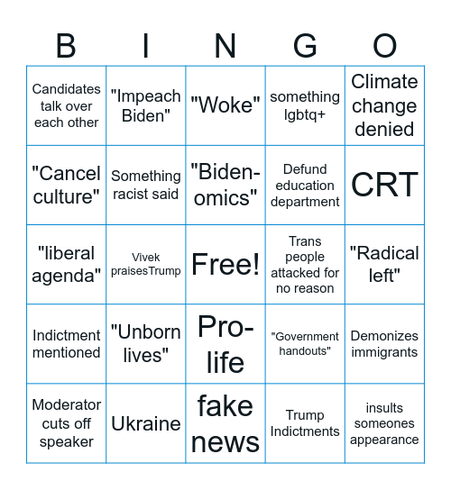 Republican Presidential Debate Bingo Card