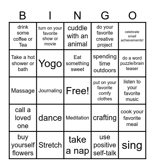 Self Care BINGO Card