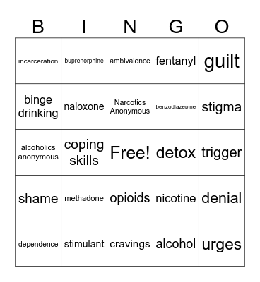 Substance Use BINGO Card