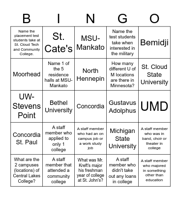 College Knowledge Month Bingo Card