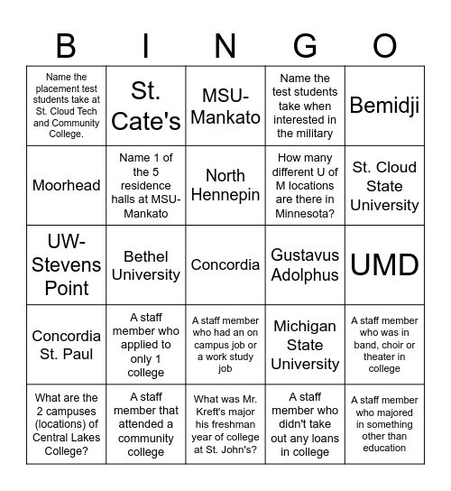 College Knowledge Month Bingo Card